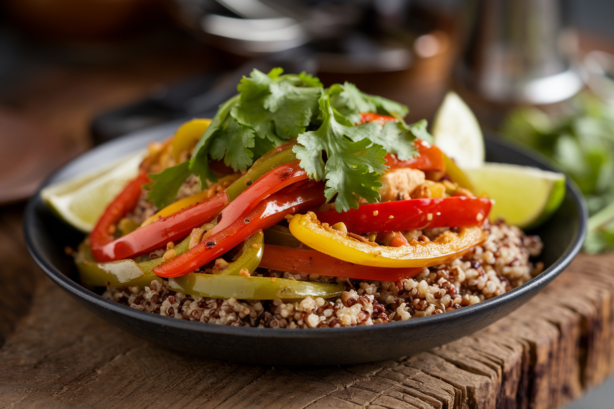 Vibrant fajita bowl with charred bell pepper strips, caramelized onions, and black beans over cilantro-lime rice