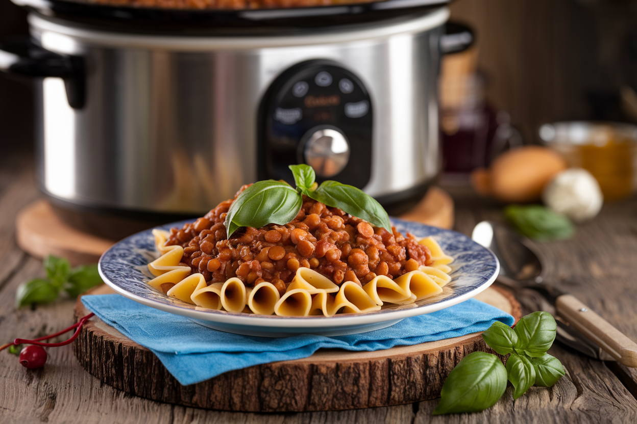 Bowl of spaghetti topped with thick, rustic lentil Bolognese sauce garnished with fresh basil leaves