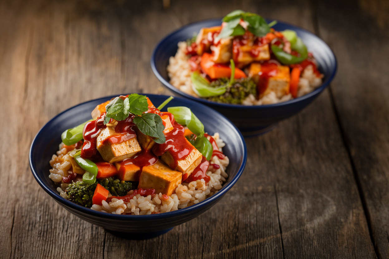 Colorful meal-prep bowl with crispy glazed tofu cubes, jasmine rice, shredded cabbage, and julienned carrots