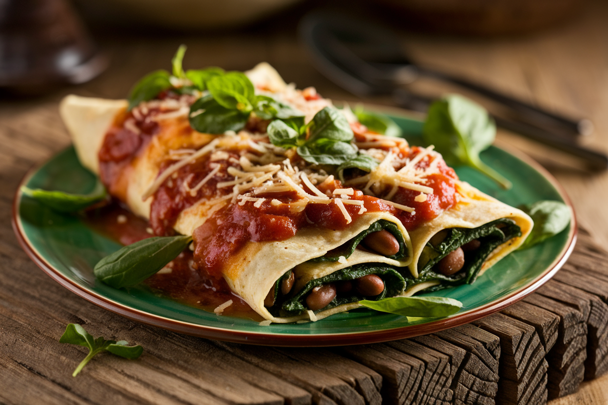 Sliced enchilada casserole in a baking dish showing layers of corn tortillas, spinach, beans, and red sauce