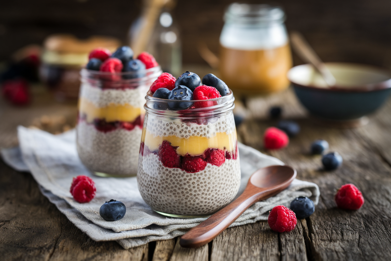 Glass jars of thick chia pudding topped with sliced strawberries and coconut flakes