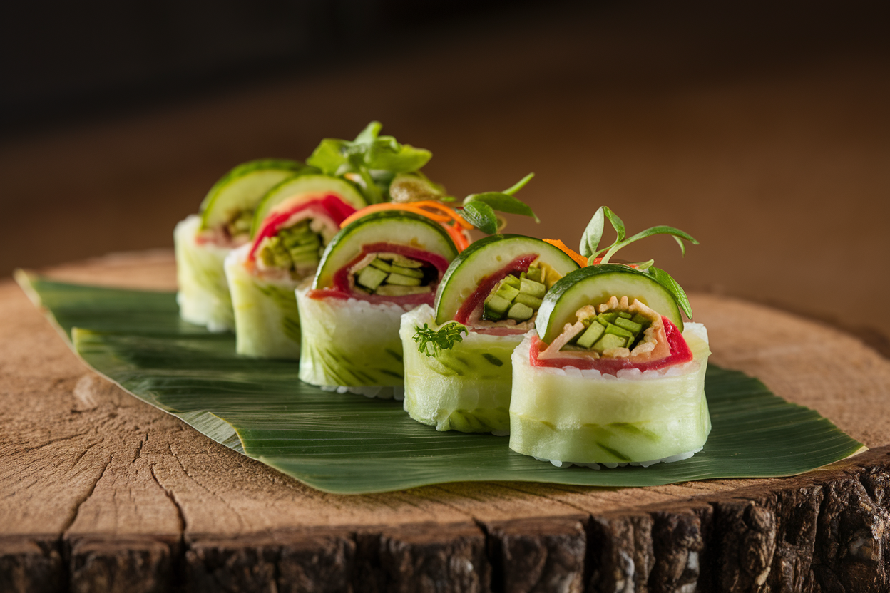 Elegant cucumber sushi rolls showing green cucumber wrapped around colorful fillings with sesame seeds