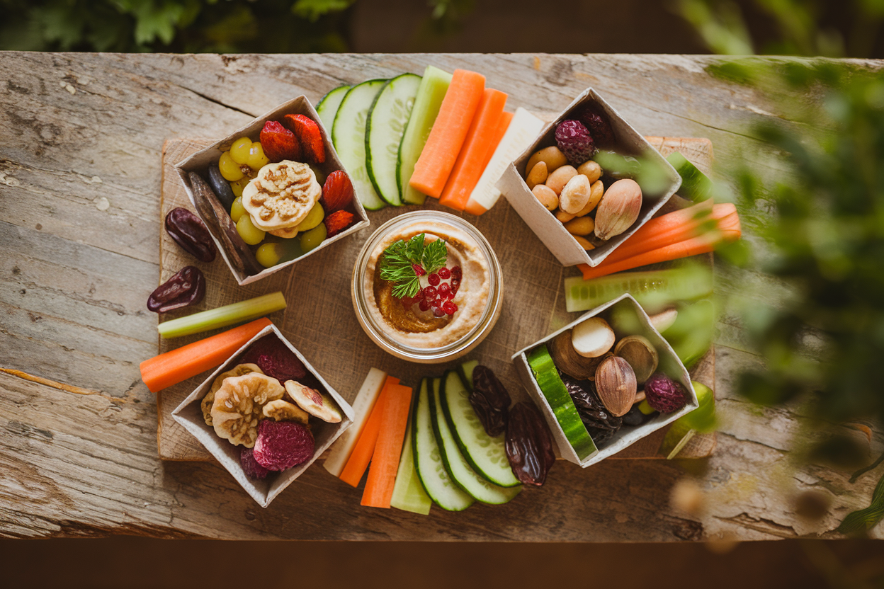 Snack boxes with small container of hummus surrounded by colorful cut vegetables in neat compartments