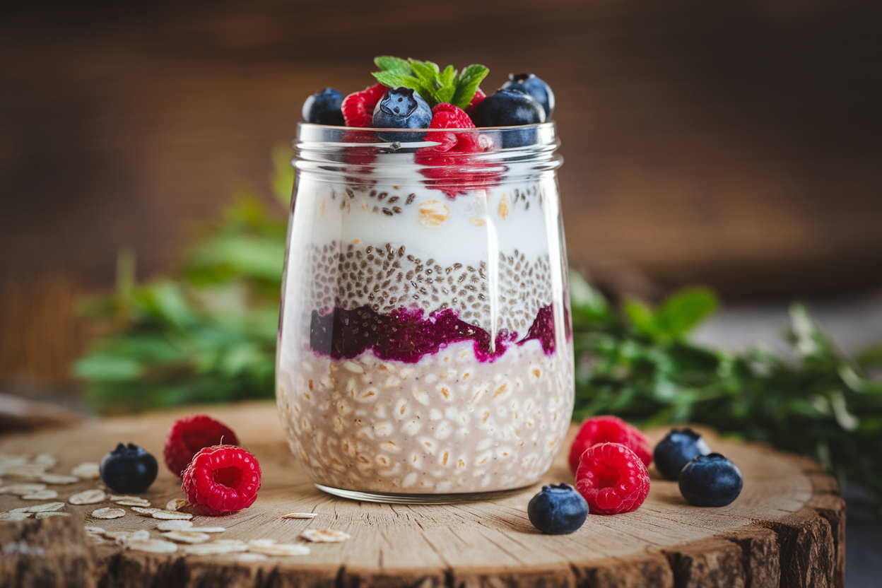 Jar of thick protein overnight oats topped with banana slices and a swirl of peanut butter
