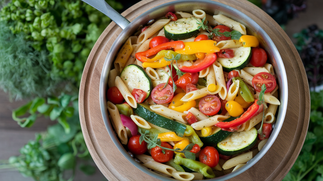 Creamy penne pasta primavera with colorful broccoli, zucchini, red peppers, and cherry tomatoes in a large pan, topped with Parmesan and basil