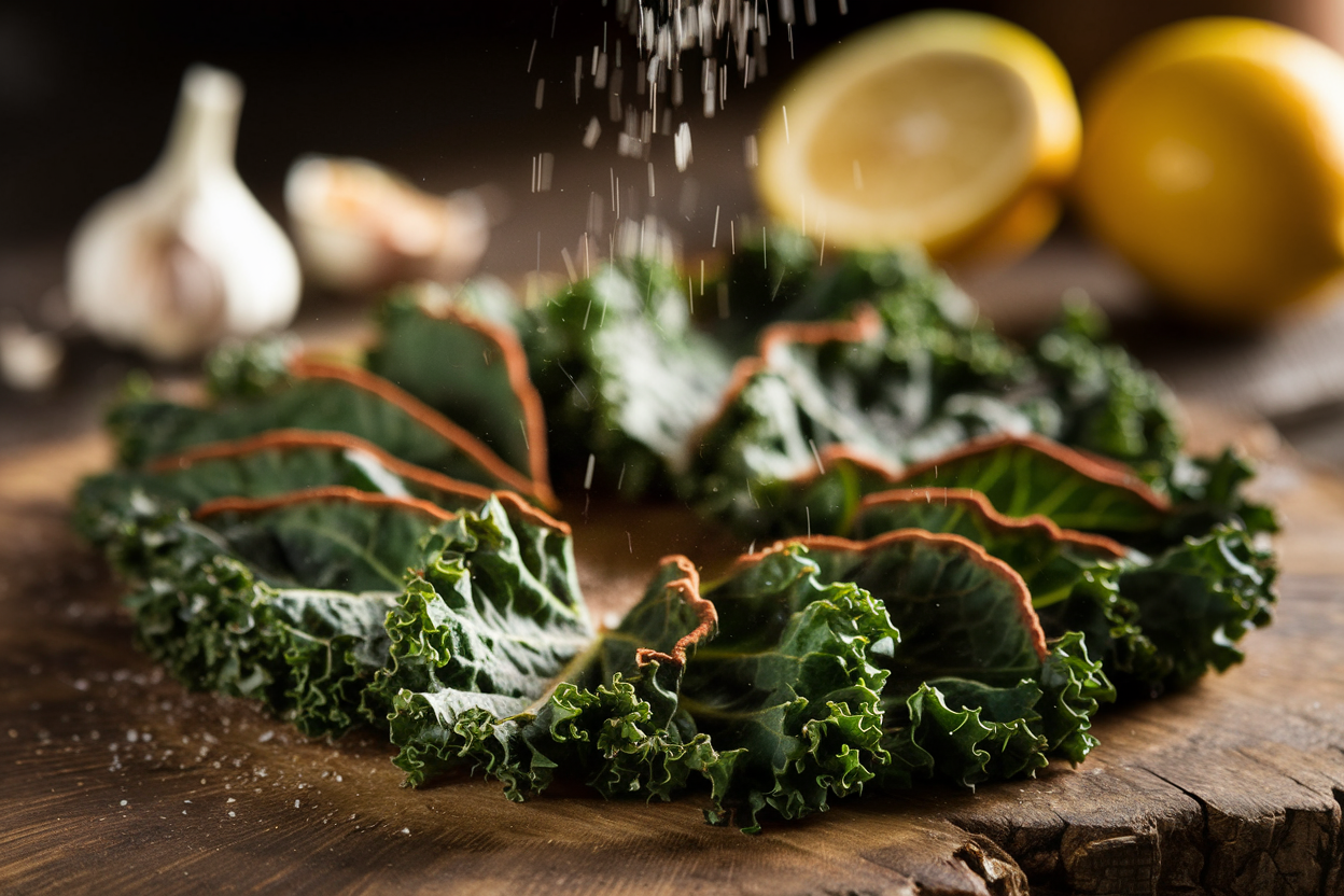 Pile of dark green crispy kale chips on parchment paper with sea salt flakes