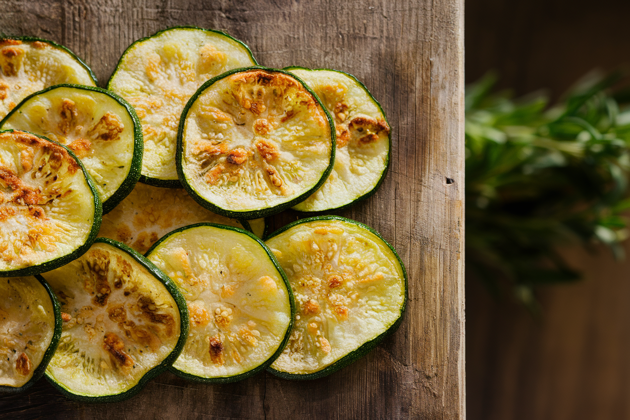 Rows of thin crispy zucchini chips with golden Parmesan coating on a baking sheet