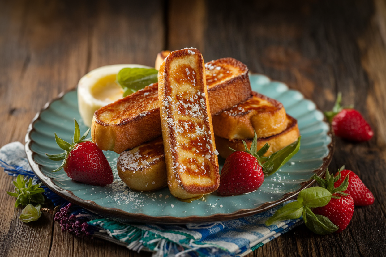 Golden brown French toast sticks arranged in rows on a baking sheet with cinnamon sugar coating