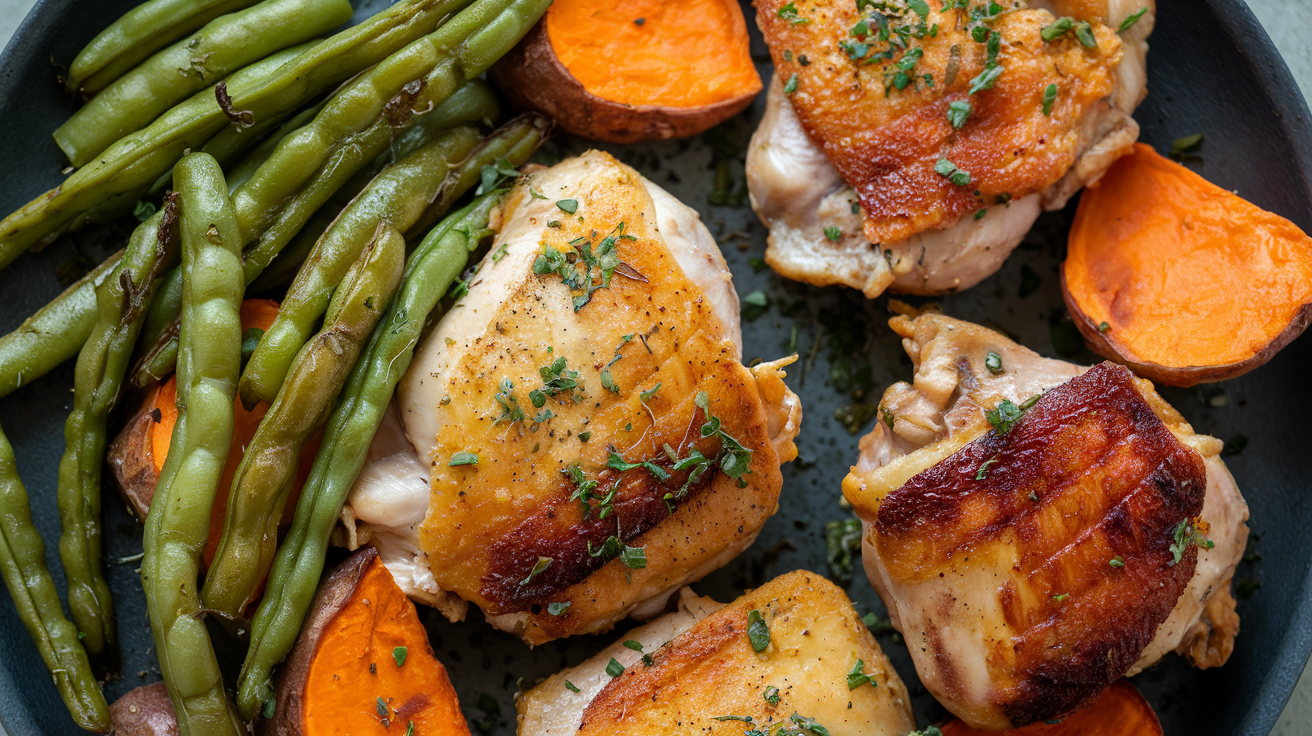 Golden brown air-fried chicken thighs with perfectly crispy skin arranged on a white plate with fresh herbs