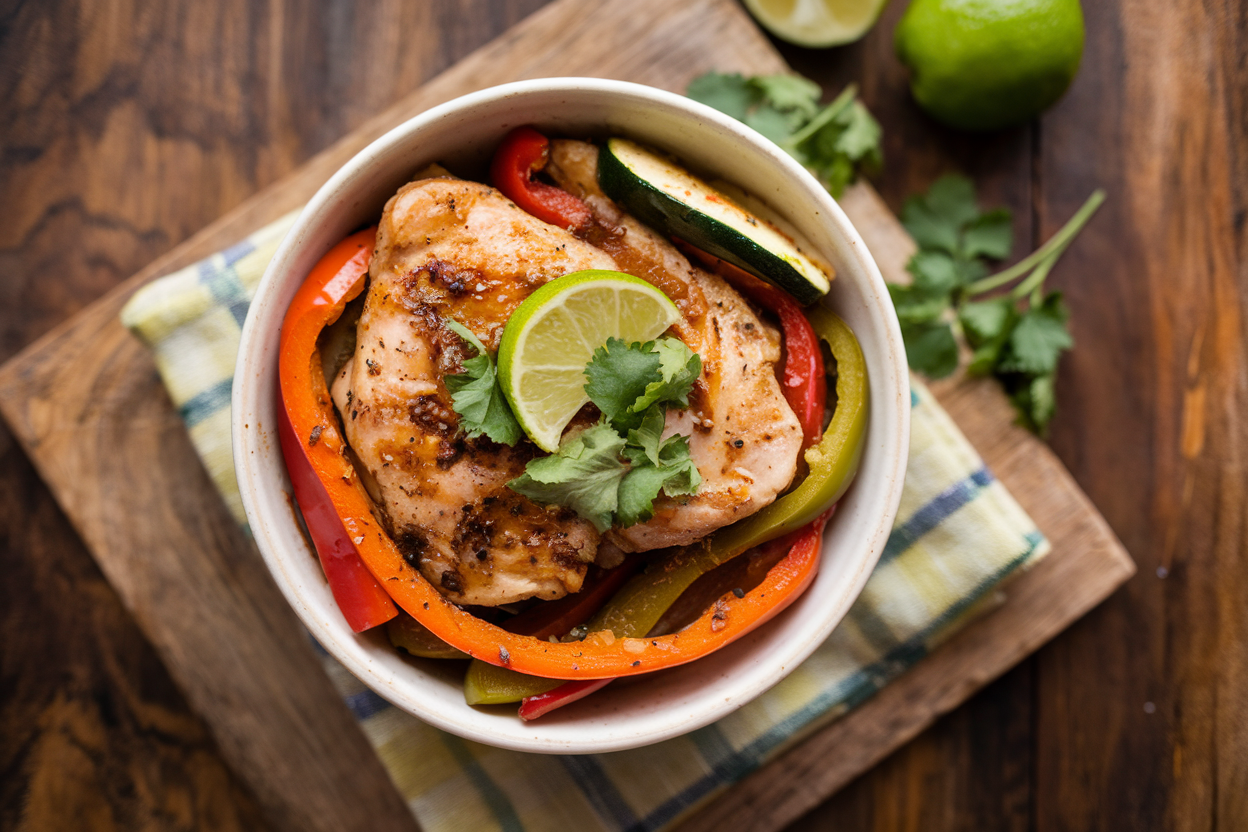 Colorful chicken fajita bowl with roasted peppers and onions over brown rice