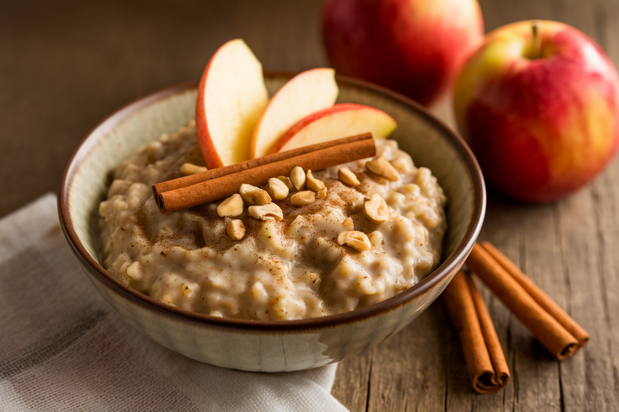Creamy slow cooker oatmeal studded with soft apple pieces and dusted with cinnamon