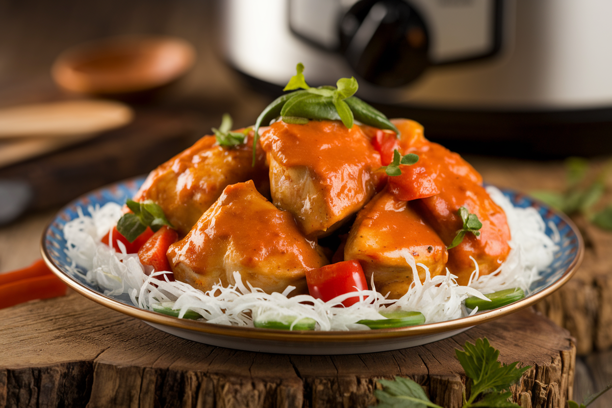 Creamy orange tikka masala sauce with tender chicken pieces served over white basmati rice