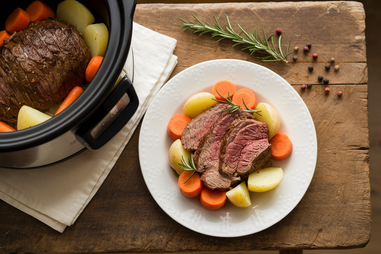 Fork-tender pot roast pulled apart showing juicy meat fibers with carrots and potatoes
