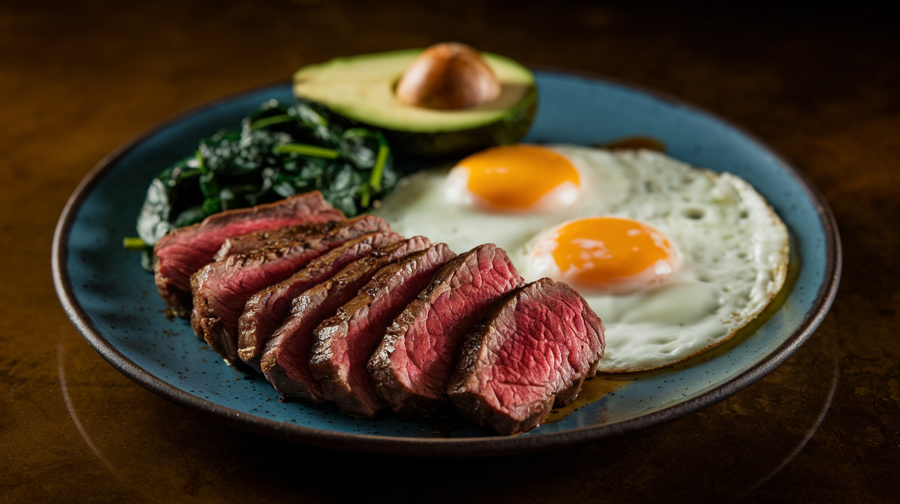 Cast iron plate with sliced medium-rare sirloin steak, two sunny-side-up eggs with runny yolks, and garlicky sautéed spinach