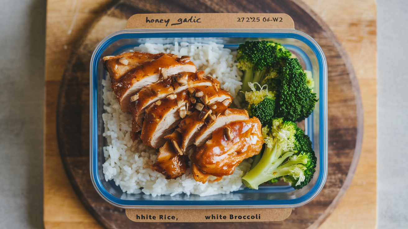 Glossy honey garlic chicken thighs arranged over white jasmine rice with roasted green beans in glass meal prep containers