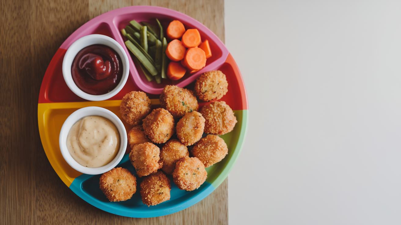 Golden baked chicken nuggets arranged on a plate with small bowls of ketchup and honey mustard for dipping, kid-friendly presentation